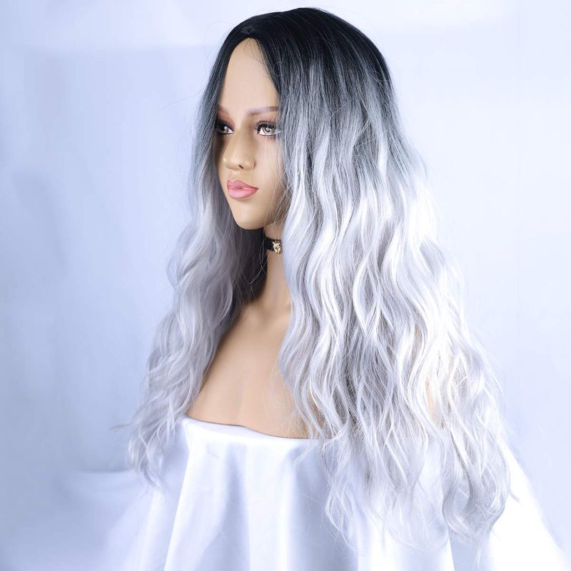 Photo 1 of BLSWANER Ombre Silver Grey Wig Long Curly Wavy Middle Part Dark Roots Long Natural Wave Synthetic Hair Wigs For Women
