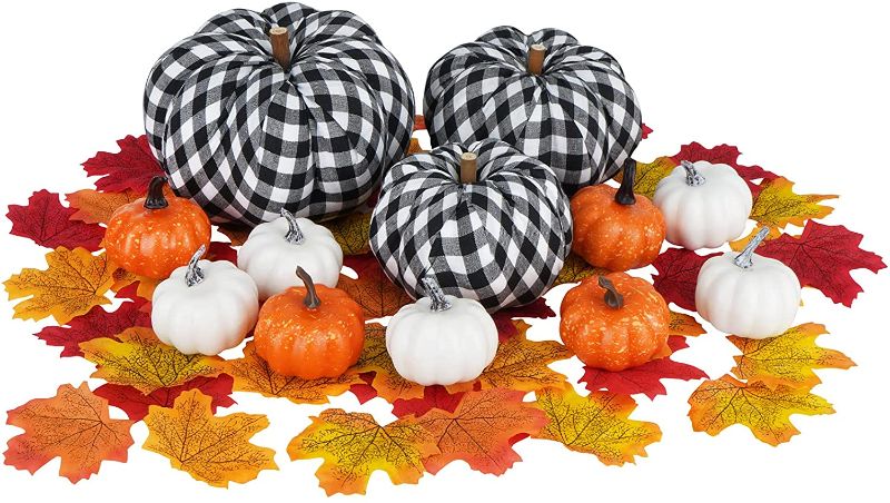 Photo 1 of Dolicer 12PCS Artificial Pumpkin Sets Burlap Plaid Pumpkins Farmhouse Pumpkins Bulk 50 Fake Maple Leaves Craft Pumpkin Large for Halloween Thanksgiving Party Fall Tabletop Home Decor, Black & White
