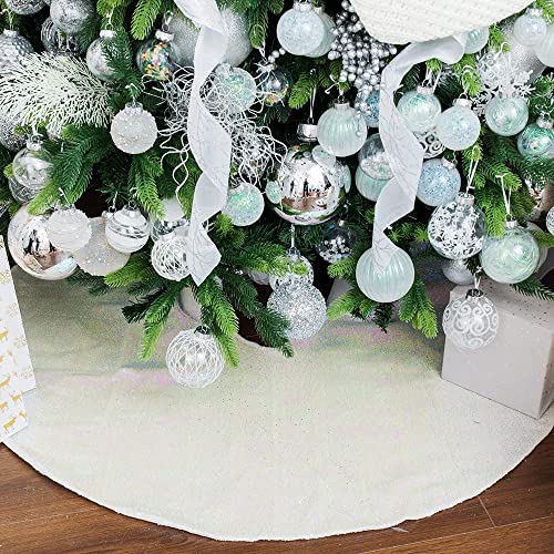 Photo 1 of 48 Inch Christmas Tree Skirt White Sequin Tree Skirt Round Sparkle Fabric Xmas Tree Skirt Mat for Holiday Decorations

