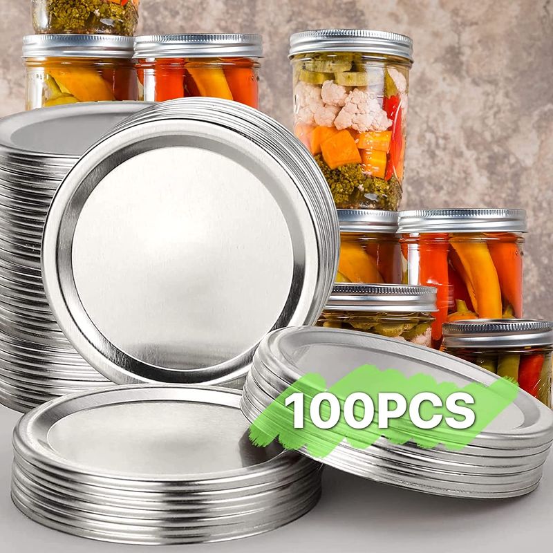 Photo 1 of 100 Count Canning Lids, Wide Mouth Canning Lids, Split-Type Metal Lid for Ball, Kerr Jar - Airtight Sealed - Food Grade Material
