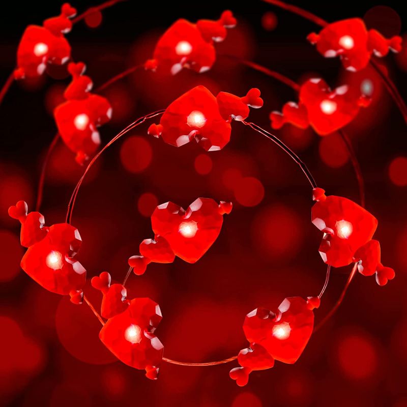 Photo 1 of 13 Feet 40 LED Valentine Heart with Cupid Arrow Lights Red Fairy String Lights Battery Powered with 8 Flash Modes, Remote and Timer for Indoor Outdoor Party Wedding Valentine's Day Decor