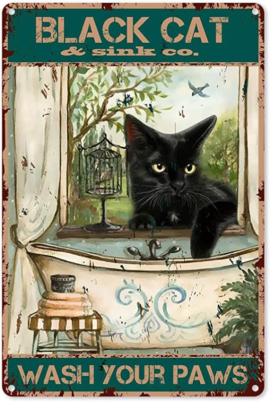 Photo 1 of 
Funny Bathroom Quote Metal Tin Sign Wall Decor - Vintage Black Cat Wash Your Paws Tin Sign for Office/Home/Classroom Bathroom Decor Gifts - Best Farmhouse Decor Gift for Women Men Friends - 8x12 Inch