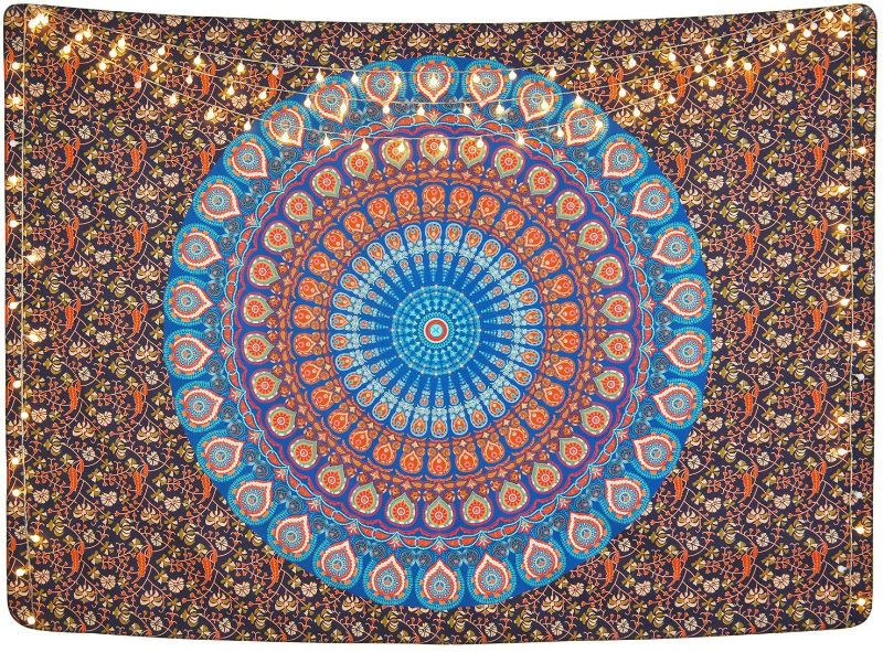 Photo 1 of Bohemian Mandala Tapestry Hippie Tapestries Psychedelic Peacock Boho Tapestry Wall Hanging for Bedroom?Blue Red, 70.9 x 92.5 inches?
