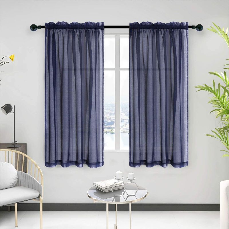 Photo 1 of Anjee Sheer Window Curtains, Rods Pocket Voile Fabric Drapes/Panels/Treatments for Living Room/Kitchen/Bedroom, 52” x 63”, Set of 2, Navy Blue
