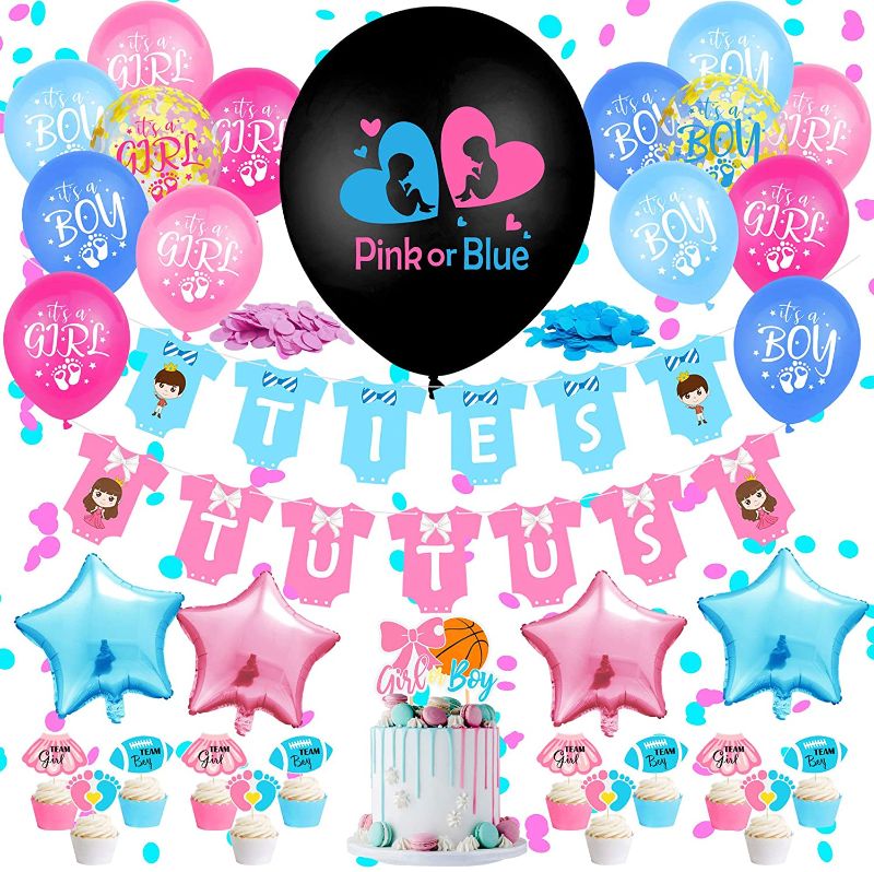 Photo 1 of Baby Gender Reveal Party Supplies and Decorations 36 Inch Reveal Balloon, Boy or Girl Cake Toppers, Ties or Tutus Banner, Baby Shower Decorations Pink and Blue boy Girl Balloons, Great Confetti Cannon
