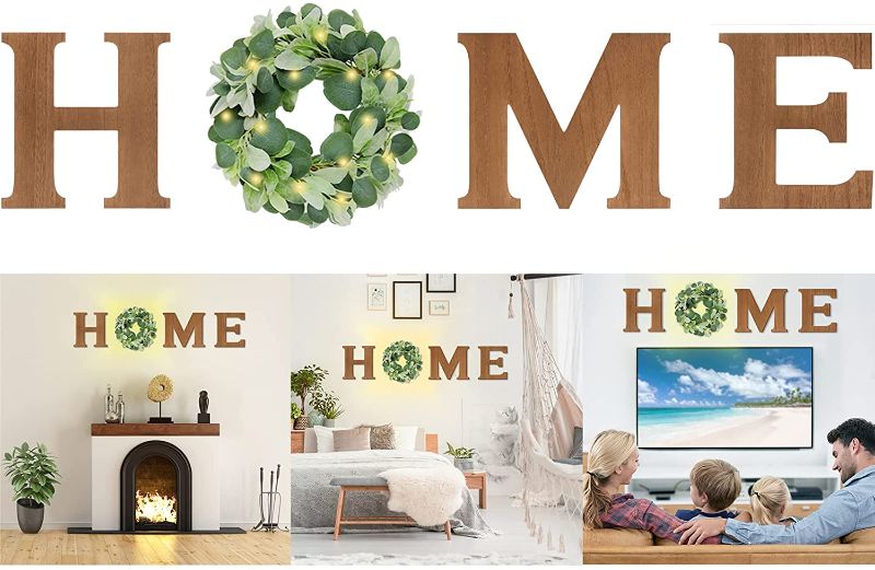 Photo 1 of Wooden Home Sign Wall Decor, Rustic Home Letter Decorations with Pre-lit Artificial Eucalyptus Flocked Lambs Ear Wreath, for Entryway/Housewarming Gift-Indoor. family wall is about H: 9.25"X 9.84", E: 8.34"X9.84", M: 11.81"X9.8",
