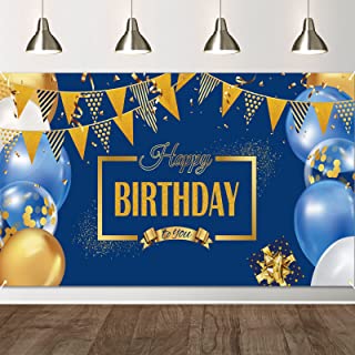 Photo 1 of Birthday Decorations Banner Large Happy Birthday Banner Blue and Gold Happy Birthday Party Decorations Sign Poster Photo Booth Backdrop for Children Men Women Birthday Decorations, 70.8 x 43.3 Inch
