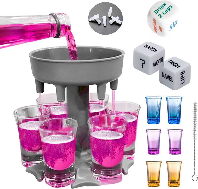 Photo 1 of 6 Shot Glass Dispenser with Glasses and Game Dice, Shot Dispenser, Liquid Dispenser, Shot Buddy, Shot Glasses, Shot Pourer, Shot Glasses, Big Shot (Gray)
