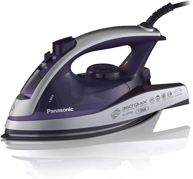 Photo 1 of Panasonic Dry and Steam Iron with Alumite Soleplate, Fabric Temperature Dial and Safety Auto Shut Off – 1700 Watt Multi Directional Iron – NI-W950A, Purple
