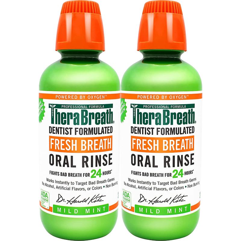 Photo 1 of TheraBreath Fresh Breath Dentist Formulated Oral Rinse Mild Mint 16 oz, 2 Pack
best by 07/2024