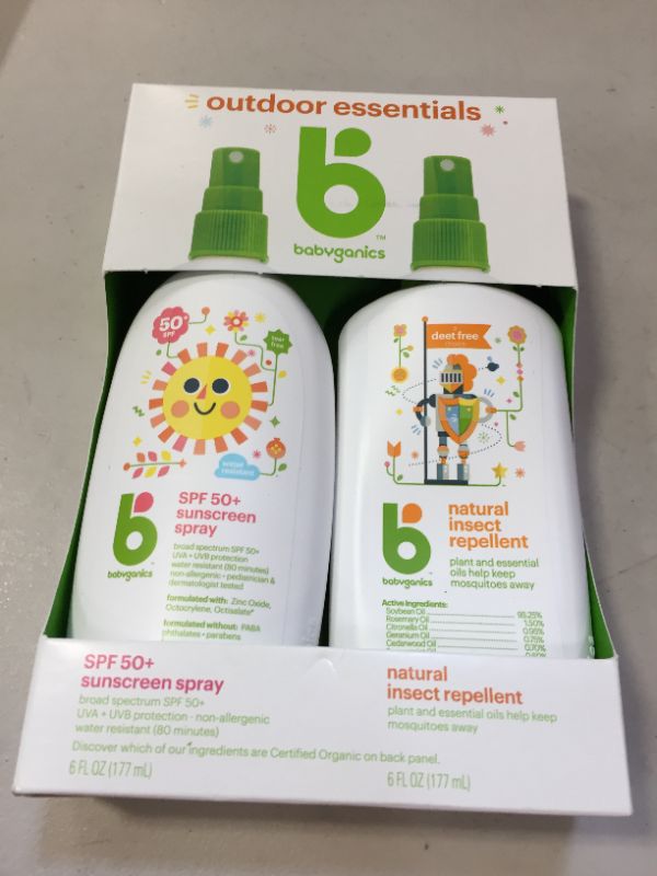 Photo 2 of Babyganics 50 SPF Baby Sunscreen Spray and Bug Spray | Octinoxate & Oxybenzone Free | DEET Free, 6oz each, Combo 2 Pack
best by 03/2023