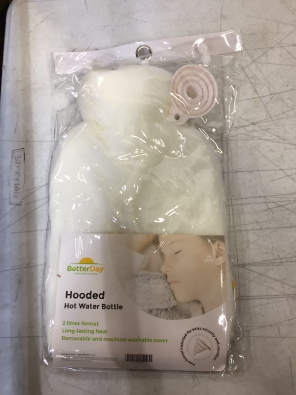 Photo 2 of [New!] BetterDay® Hooded Hot Water Bottle™ - Hot Water Bottle with Cover British Standard 1970:2012 Natural Rubber and Removable Cover - 2 Litre Large Hot Water Bottle with Soft Fluffy Cover (White)
