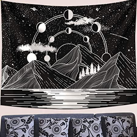 Photo 1 of Zussun Mountain Moon Tapestry Stars River Black and White Art Tapestry Wall Hanging Home Decor (35" x 47")
