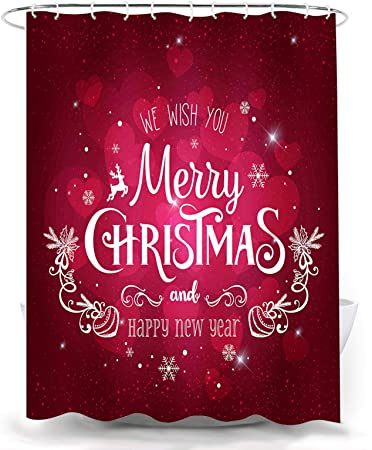 Photo 1 of Xmas Shower Curtain Red Pink Love Heart Snowflakes Stars with Merry Christmas & Happy New Year Greeting Bathroom Decor Waterproof Polyester Fabric with 12 PCS Hooks
