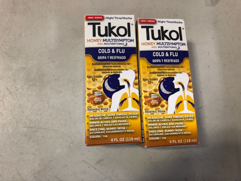 Photo 1 of 2 PACK OF TUKOL Adult Honey Multi-Symptom Cold & Flu Nighttime Liquid Cough Medicine, 4 Ounce EXP 10/22
