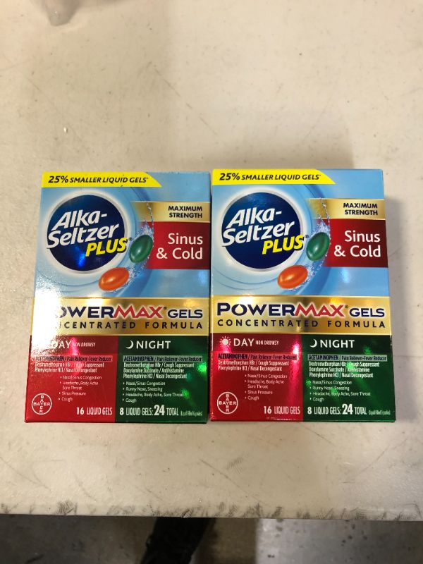 Photo 1 of 2 PACK OF ALKA-SELTZER PLUS Maximum Strength PowerMax Sinus Congestion and Pain Medicine, Day + Night Liquid Gels for Adults with Pain Reliever, Fever Reducer, Cough Suppressant, Nasal Decongestant, 24 Count EXP 5/21
