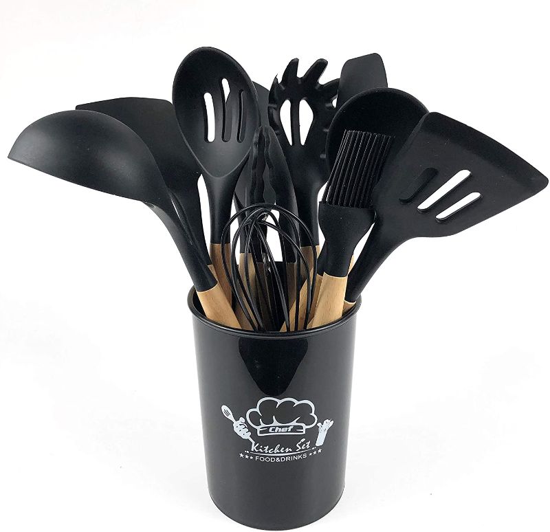 Photo 1 of Chef Kitchen Cooking Utensils Set 12 pcs Non-stick Silicone, Wooden Handle Heat Resistant Silicone Kitchen Gadgets Utensil Set Black(BPA Free, Non Toxic)