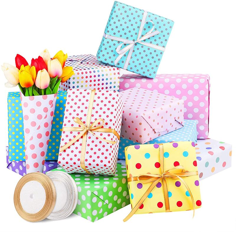 Photo 1 of Aodaer 24 Pieces Birthday Wrapping Paper 75 cm x 52 cm Gift Wrapping Paper Rolls with 2 Ribbons Colorful Dot Wrapping Papers for Packaging Decoration Arts Crafts DIY Birthday Party