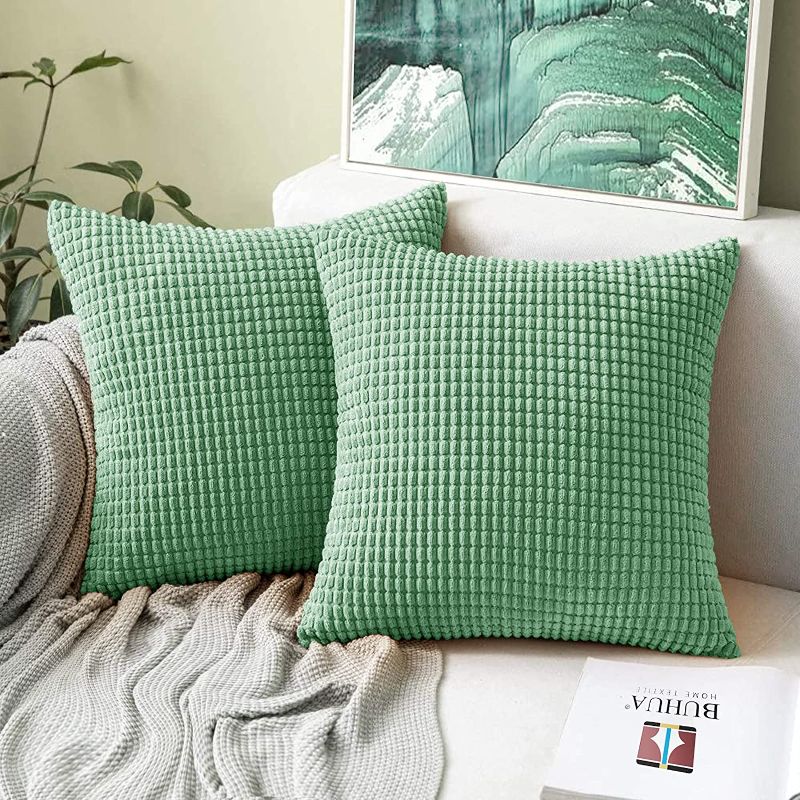 Photo 2 of BUHUA Set of 2 Decor Throw Pillow Covers Corduroy Soft Square Cream Cushion Case for Sofa Couch Living Room Bedroom, Outdoor Pillowcases, 22x22 Inch, Coral Green