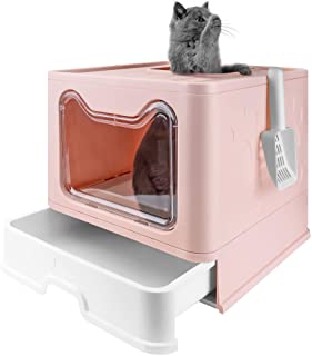 Photo 1 of Bolux Foldable Cat Litter Box with Lid, Extra Large Litter Box with Cat Litter Scoop, Drawer Type Cat Litter Pan Easy to Scoop & Low Tracking ( Pink, 20" L x 16" W x 15" H )
