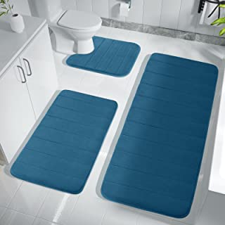 Photo 1 of Yimobra 3 Pieces Memory Foam Bath Mat Sets, 44.1x24 + 31.5x19.8 and U-Shaped for Bathroom Rugs, Toilet Mats, Non-Slip, Soft Comfortable, Water Absorption, Machine Washable, Peacock Blue
