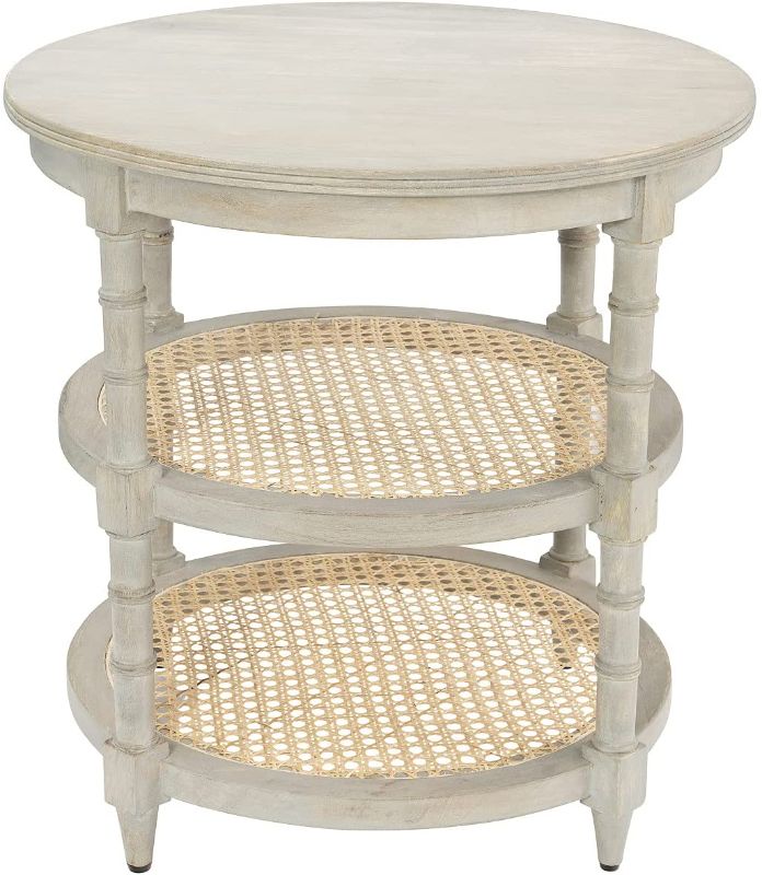 Photo 1 of Creative Co-Op Round Mango Wood Table with 2 Cane Shelves Occassional Furniture, Grey