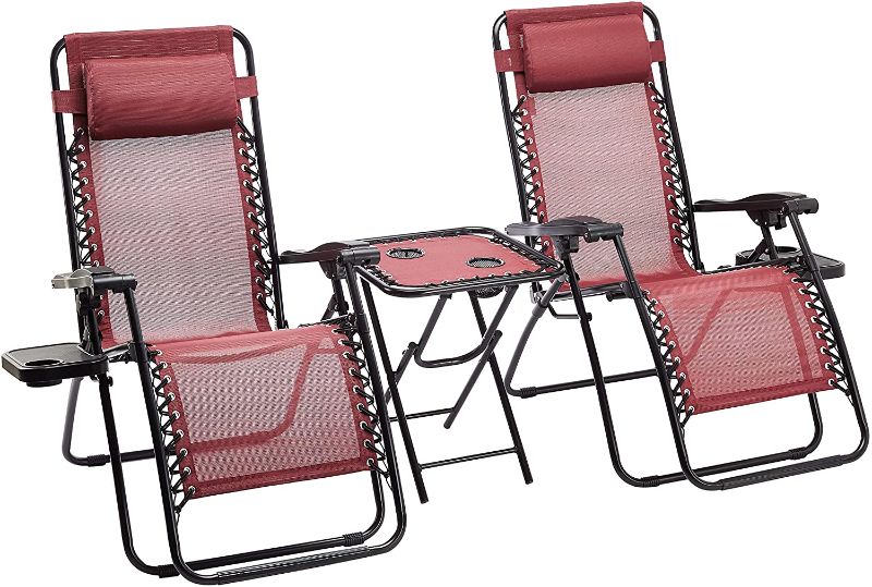 Photo 1 of Amazon Basics Textilene Outdoor Adjustable Zero Gravity Folding Reclining Lounge Chair with Side table and Pillow - Pack of 2, Red
