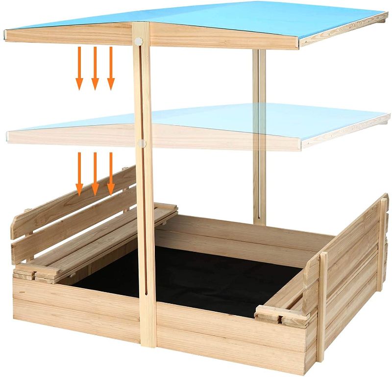 Photo 1 of Sandbox with Cover Wooden Outdoor Kids Sandbox with Canopy, 2 Foldable Bench Seat, Sandbox with Lid UV40 Sun Protection Function for Garden, Backyard, Beach, 48" x 48"
