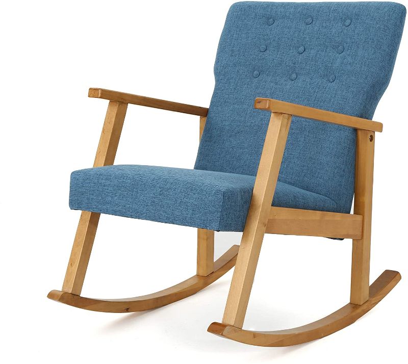 Photo 1 of Christopher Knight Home Harvey Mid-Century Modern Fabric Rocking Chair, Muted Blue / Light Walnut
