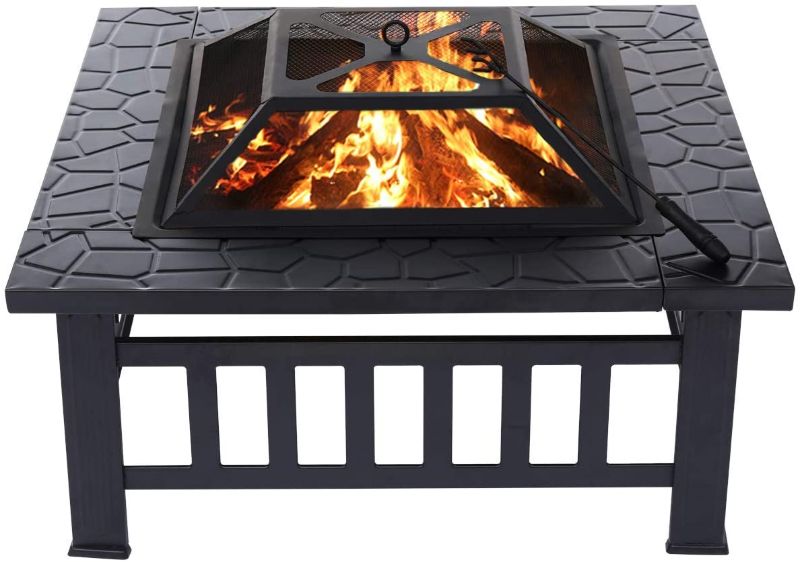 Photo 1 of 32 Inch Fire Pit Table for Outside Square Metal Firepit Outdoor Wood Burning Large Steel Bonfire Pit for Patio Backyard Garden with Waterproof Cover,Spark Screen,Log Grate,Poker
