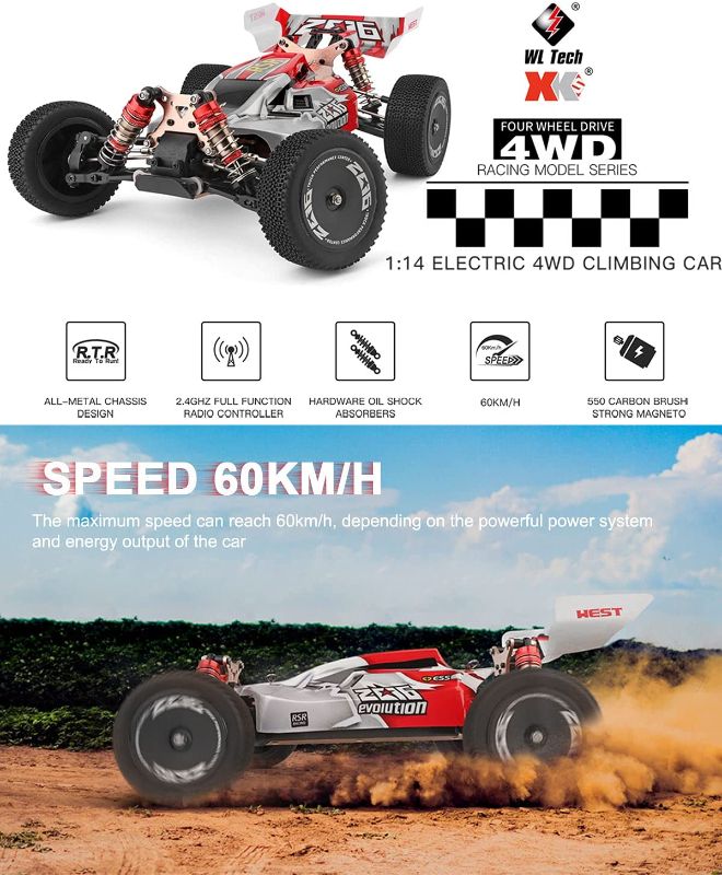 Photo 1 of Wltoys 144001 Remote Control RC Car Top Speed 60+kmh with Upgrade 3600mAh Batteries,All Terrains 1?14 Scale 4WD Off Road Buggy Toys for Adults Boys(RED)
