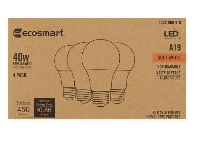 Photo 1 of EcoSmart 40-Watt Equivalent A19 Non-Dimmable LED Light Bulb Soft White (4-Pack)
