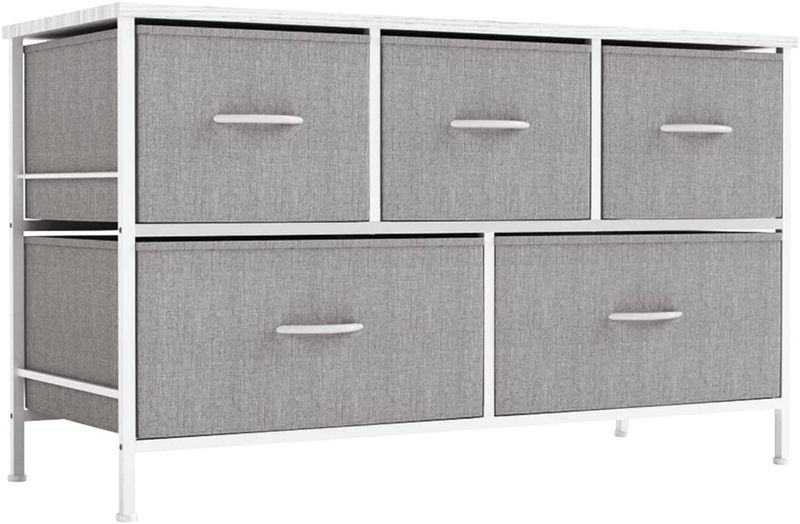 Photo 1 of ALLZONE Dresser for Bedroom,Storage Chest Organizer, 5 Fabric Drawers Furniture for Closet, Kids Toy Organization,Wooden Table and Metal Frame, Light Grey
