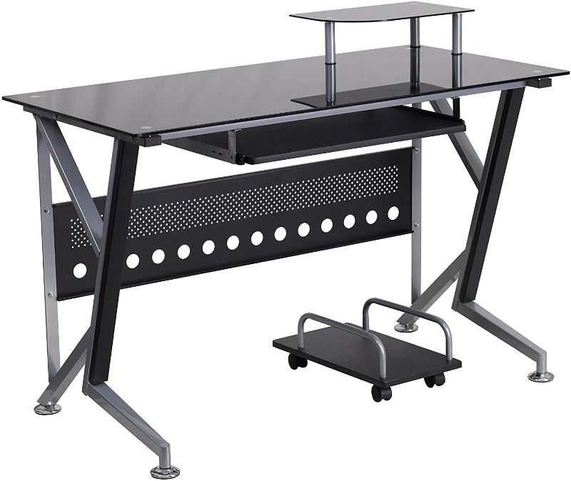 Photo 1 of Black Glass Computer Desk with Pull-Out Keyboard Tray and CPU Cart
