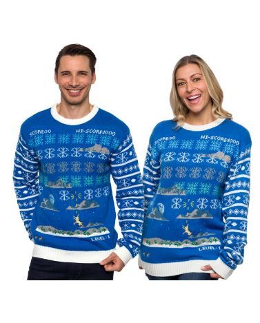 Photo 1 of 4 FUNZIEZ! Ugly Christmas Sweater Space Invader Long Sleeve Novelty Costume Blue - SMALL