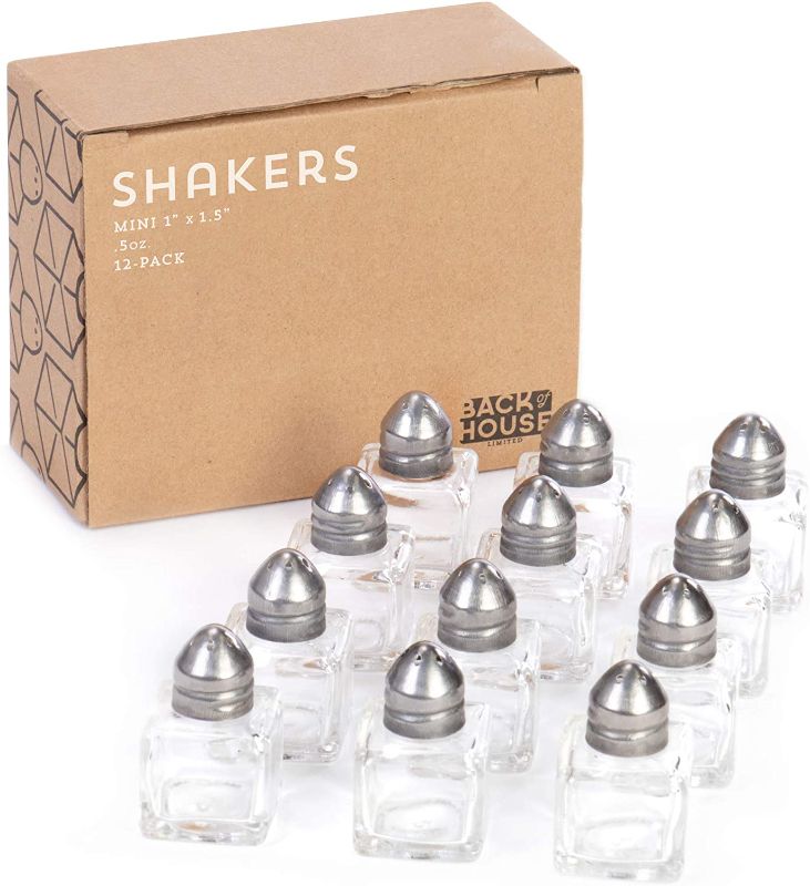 Photo 1 of 12-pack of Mini Spice Shakers, Salt & Pepper, Spices, & Seasonings – 1" x 1.5" Stainless Steel Top & Glass Cube Body Jars - Holds .5oz – Small, Personal, Travel Restaurant & Home Kitchen Supplies
