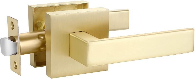 Photo 1 of 1 Pack Square Passage Door Handles,Interior Door Locks for Hall/Closet,Stain Brass Finished,,Modern Golden Door Handle
