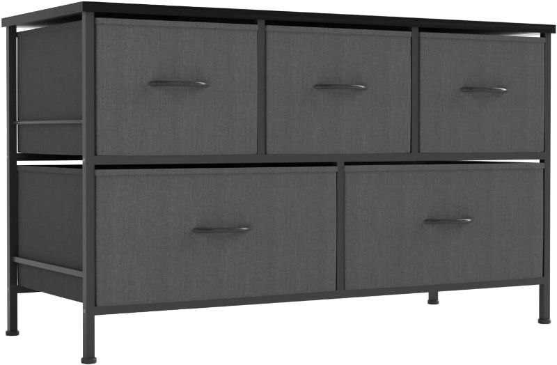 Photo 1 of ALLZONE Dresser for Bedroom,Storage Chest Organizer, 5 Fabric Drawers Furniture for Closet, Kids Toy Organization,Wooden Table and Metal Frame, Charocal Grey
