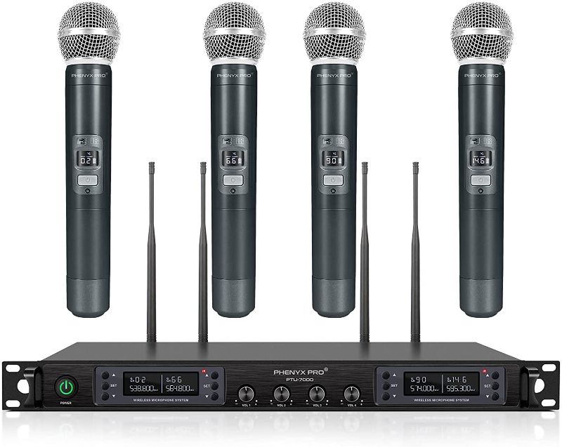 Photo 1 of Wireless Microphone System, Pro Quad Channel Cordless Mic Set with Metal Handheld Mics, 4x40 Channels, Auto Scan, Long Distance 328ft, Ideal for DJ, Church, Outdoor Events   
 MISSING ALL 4 MICROPHONES 
