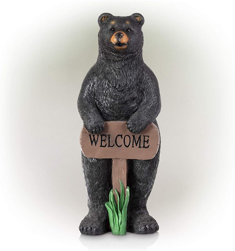 Photo 1 of Alpine Corporation ZEN732 Alpine Welcome Sign Bear Garden Statue, 36 inch Tall, Black and Brown
