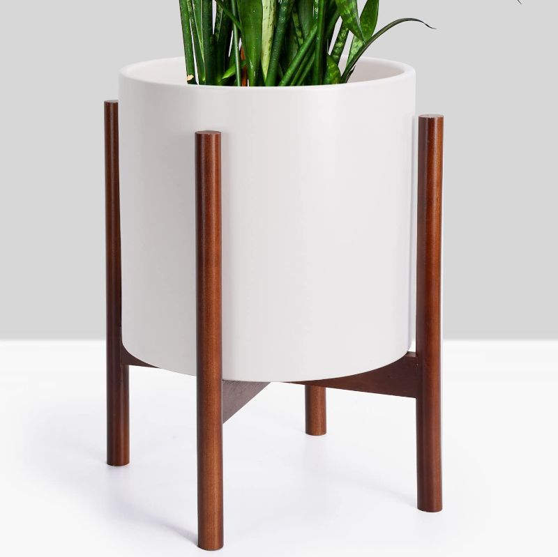 Photo 1 of Ceramic Planter with Stand by FineIris - Mid Century Plant Pot Set Includes 10” Ceramic Pot & Bamboo Plant Stand - Planters for Indoor Plants, Flowers, Fiddle Leaf Fig Tree, Snake Plant & Peace Lily
