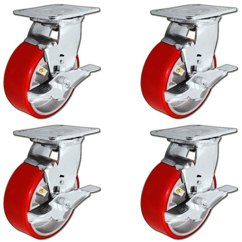 Photo 1 of 5" x 2" Heavy Duty Swivel Caster Set of 4 - Red Polyurethane on Steel Core with Brakes - 4,400 lbs Per Set of 4 - Toolbox Casters - CasterHQ
