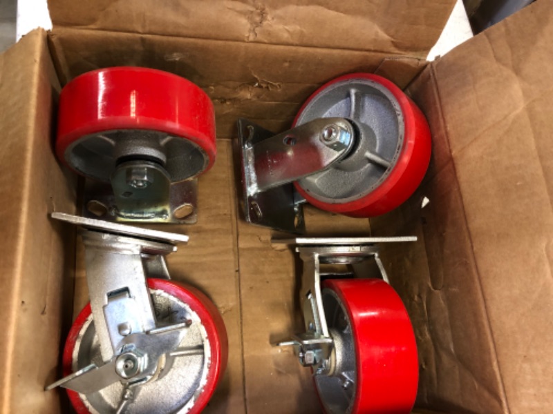 Photo 2 of 5" x 2" Heavy Duty Swivel Caster Set of 4 - Red Polyurethane on Steel Core with Brakes - 4,400 lbs Per Set of 4 - Toolbox Casters - CasterHQ
