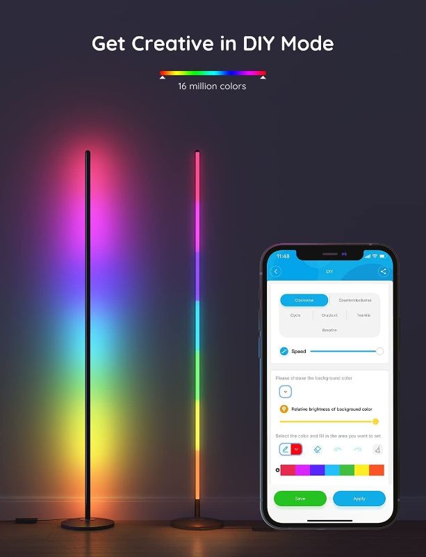 Photo 1 of Govee LED Floor Lamp, RGBIC Modern Floor Lamp Works with Alexa, Google Assistant and Govee Home APP, 16 Million DIY Colors & 58 Scene Modes, Music Sync Floor Lamp for Bedroom, Living Room, Gaming Room
