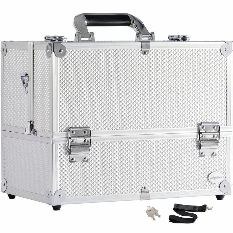 Photo 1 of 14" Makeup Train Case Large 6 Tray Professional Organizer Box - Cosmetic Make Up Carrier with Lock & Key Carrying Strap and Adjustable Dividers for Studio Artist & Stylist Silver
