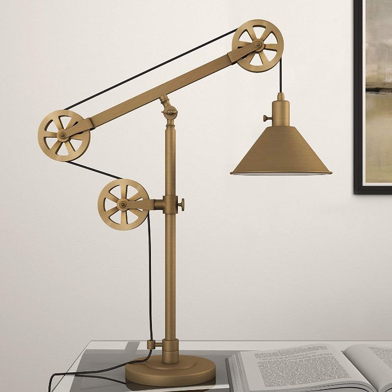 Photo 1 of Henn&Hart TL0149 Industrial Table Lamp with Pulley System, in Frushed Brushed Antique Brass Finish
