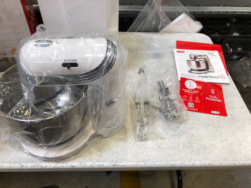 Photo 1 of Dash Stand Mixer (Electric Mixer for Everyday Use): 6 Speed Stand Mixer with 3 qt Stainless Steel Mixing Bowl, Dough Hooks & Mixer Beaters for Frosting, Meringues & More - White
