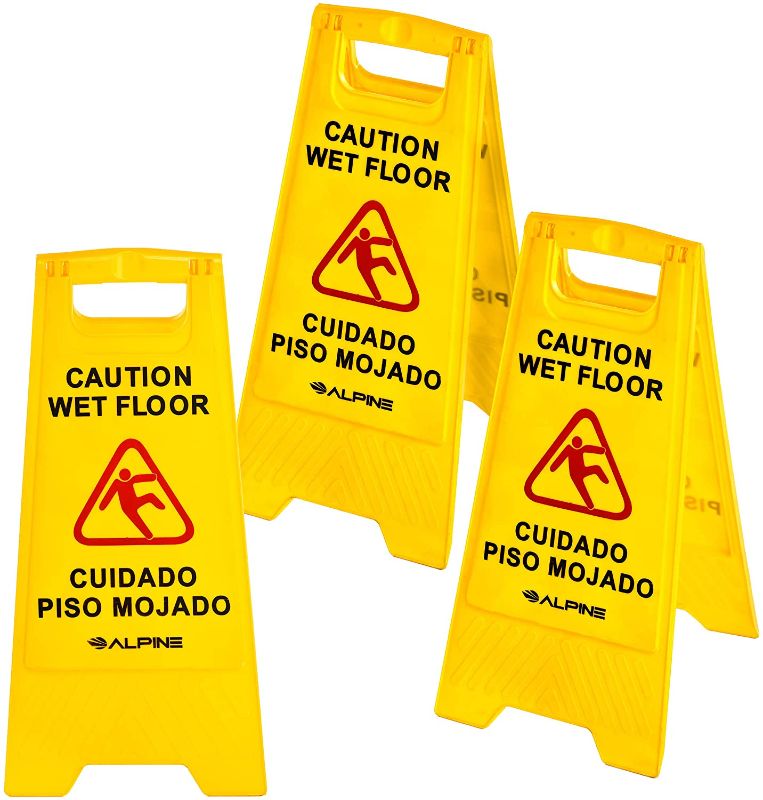 Photo 1 of Alpine 24-Inch Caution Wet Floor Sign - 3 Pack A-Frame Bright Yellow Warning Sign - Sturdy Double Sided Fold Out Bilingual Floor Alert Ideal for Commercial Use
