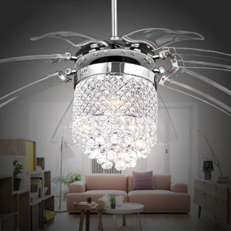 Photo 1 of 42'' Modern Crystal Ceiling Fan Light for Living Room Restaurant with 8 Foldable Transparent Acrylic Leaves with Invisible Take-Off Remote Chandeliers
