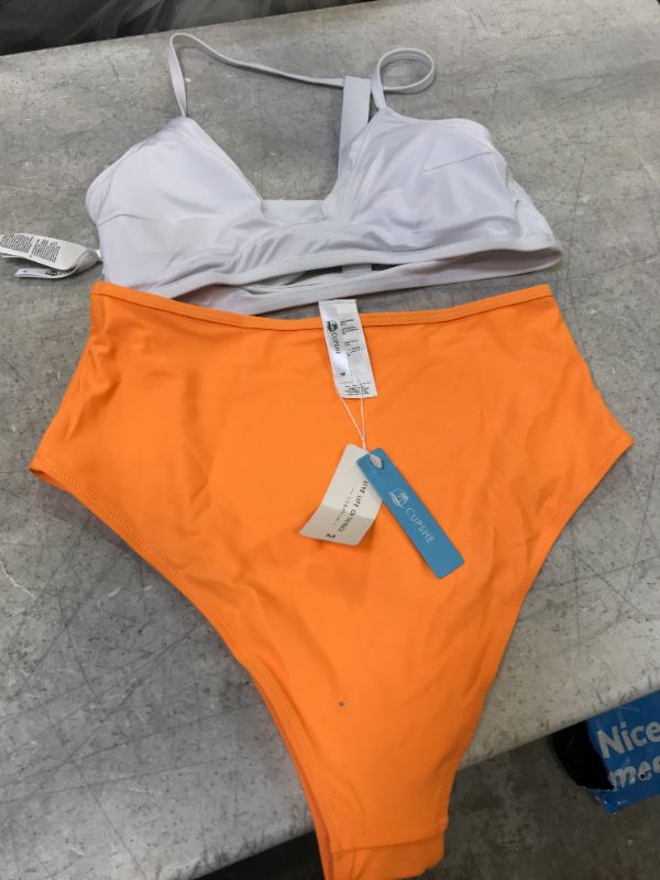 Photo 1 of cupshe Solid White Bikini with Orange High-Waisted Bottom
